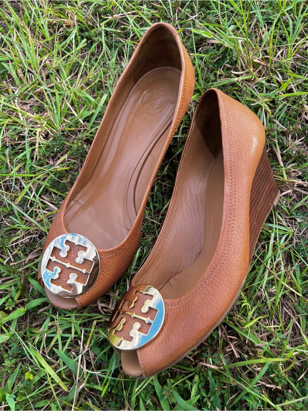 CLEAN Tory Burch size 10 Womens Alice Peep Toe Wedge Heels Brown